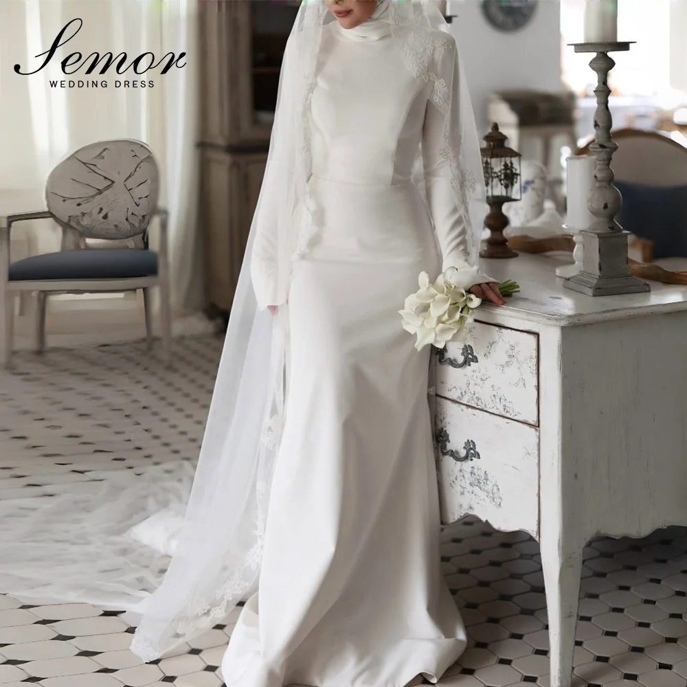 Semor Elegante Satin-Muslimische Meerjungfrau-Hochzeitskleider O-Ausschnitt Lange Ärmel 2026 Neu Einfaches Langes Plissiertes Brautkleid Maßgeschneidert