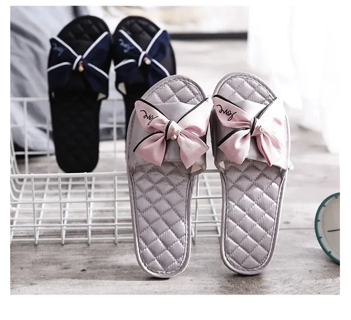 Women Indoor Silk Slippers Butterfly-knot Bowtie Light Comfy Flats Open Toe Home Slides House Causal Fashion Cute Shoes Ladies