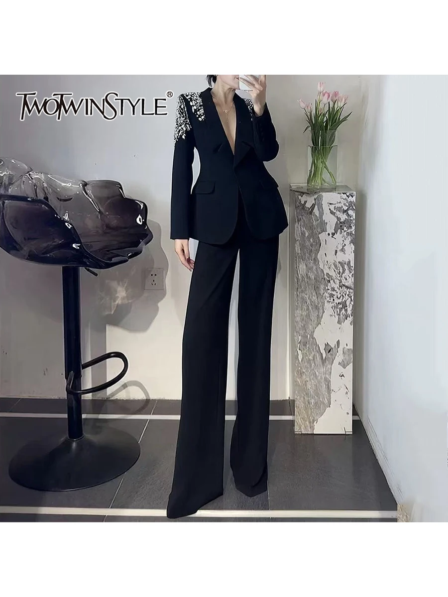 

TWOTWINSTYLE темпераментные комплекты из двух предметов для женщин, пиджак с длинными рукавами и лацканами, брюки с высокой талией, элегантный женский новый комплект