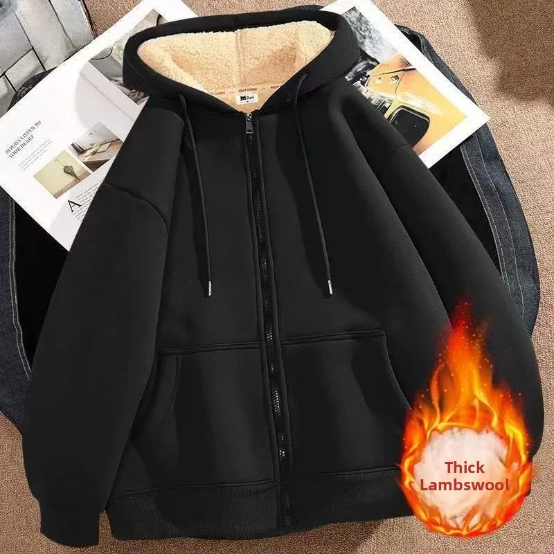 Lamb Velvet Hoodie Unisex Thickened Warm Loose Cardigan Outerwear Zipper Pocket Polyester Fabric Daily Commute Style Coat