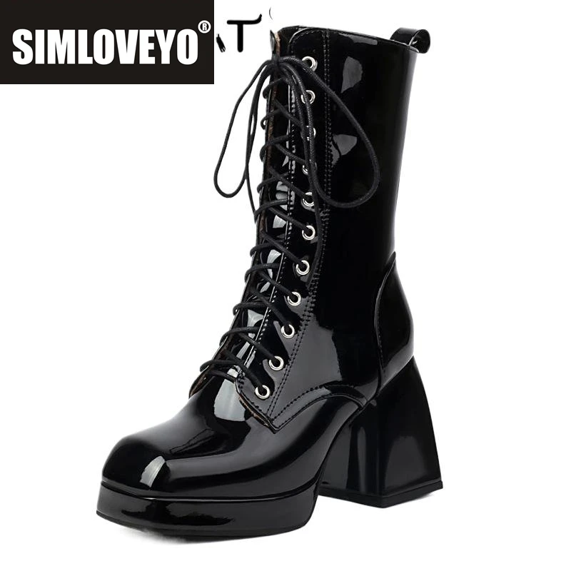 

SIMLOVEYO Женские мотоциклетные ботинки с носком на блочном каблуке 9 см, платформа 2 см, шнуровка, размер 47 48, блестящие повседневные женские ботинки до середины икры