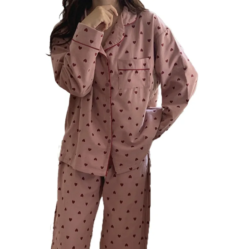 Women\'s Pajamas Set Spring Summer 2 Piece Heart Print Pyjama Pocket Buttons Down Sleepwear Long Sleeve Pijama Mujer Pjs Homewear