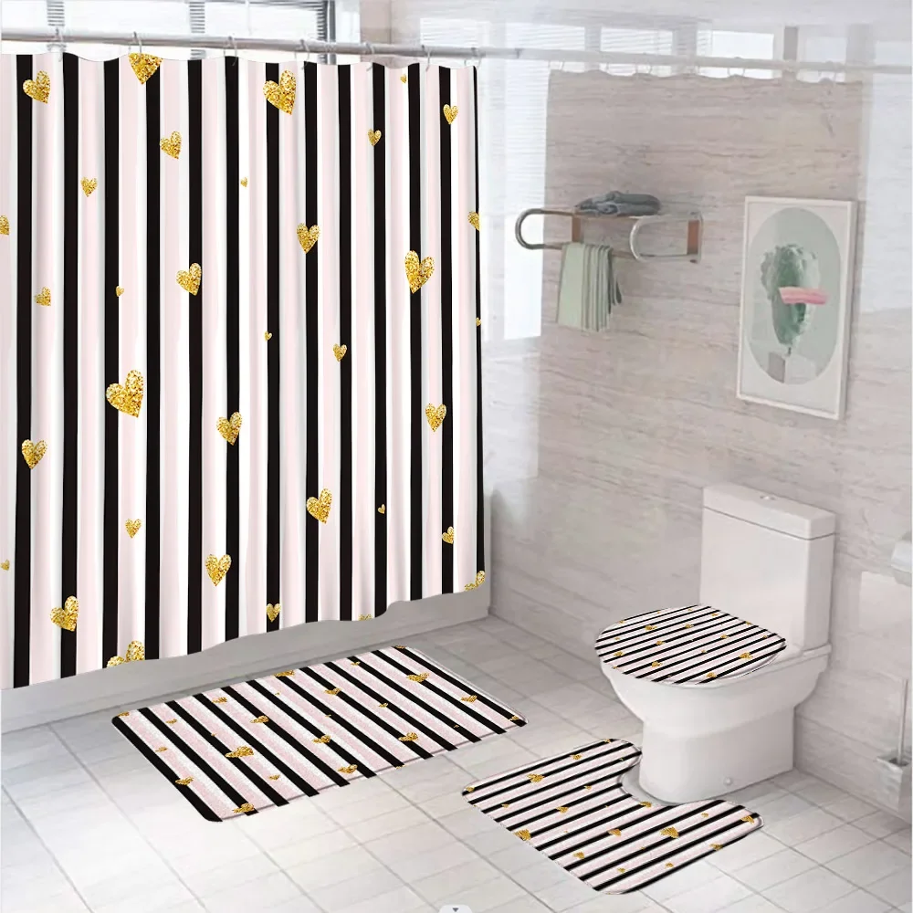 Gold Love Heart Shower Curtain Sets Valentine's Day Black Geometric Stripe Bathroom Curtains Non-Slip Bath Mat Rug Toilet Cover