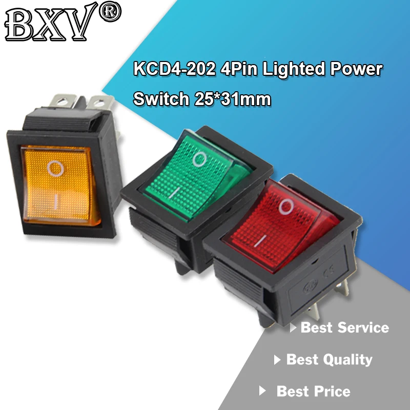 5PCS KCD4-202 4Pin Power Switch With Light 25x31mm 20A 125VAC 16A 250VAC Rocker Switch 25x31 25*31 New