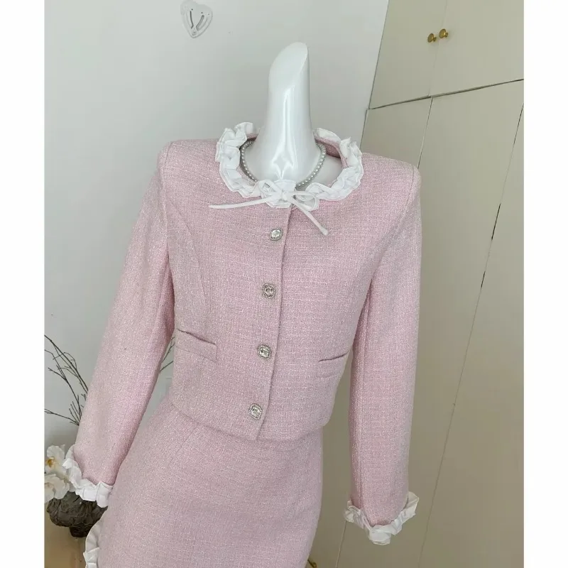 Trajes de falda elegantes para mujer, cárdigan de retazos de encaje de estilo coreano, chaqueta, Falda corta, conjunto de dos piezas de Tweed, primavera y otoño, 2025