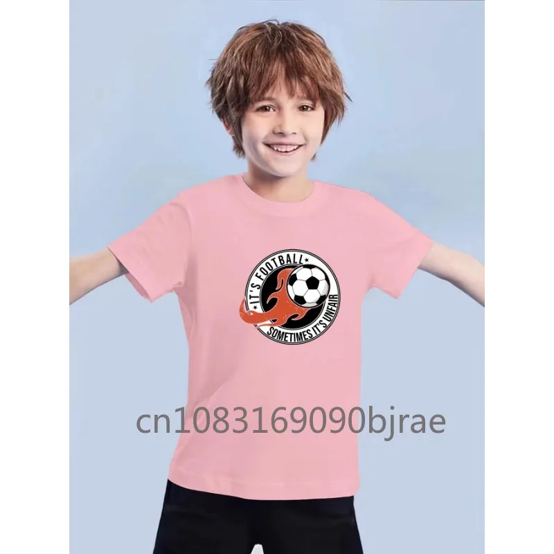 Boy's Fashion IT'S FOOTBALL Letter Pattern Print Casual T-shirt 100% Cotton Short Sleeve Round Neck Comfy kids Summer Clothing