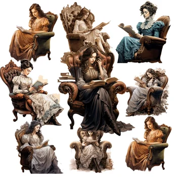 Akwarela Retro Victoria czytanie dziewczyna rośliny naklejki śliczne rzemiosło Scrapbooking Planner dziennik planista artykułów papierniczych