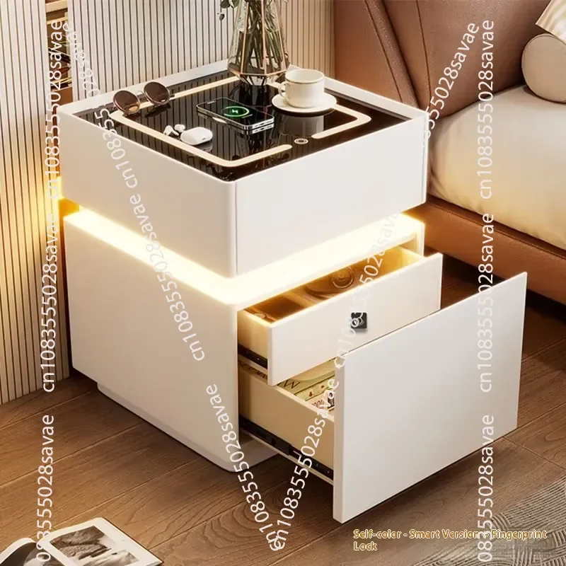 Bedside Table Fashion Trend, Modern Simple Solid Wood Leather Bedside Table, Smart Bedside Table with Fingerprint Lock