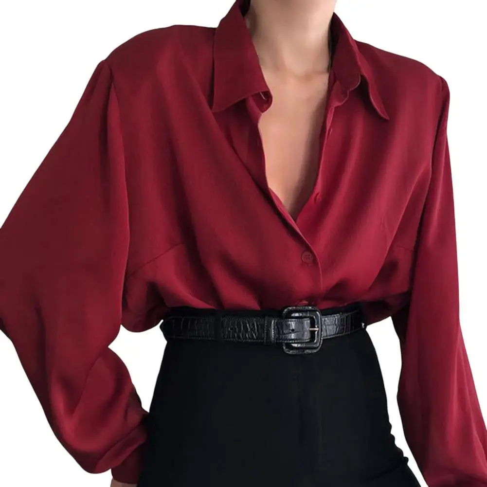 Women Button Blouses Turn Down Collar Shirts Office Lady Long Sleeve Casual Blouse Loose OL Shirt Baggy Tops Red/Wine Red /Black