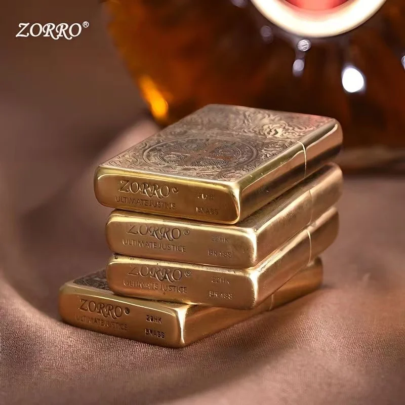 New Original ZORRO Kerosene Lighter Retro Creative Pure Copper Shell Windproof Brass Cigarette Gasoline Engine Smoking Gift Box