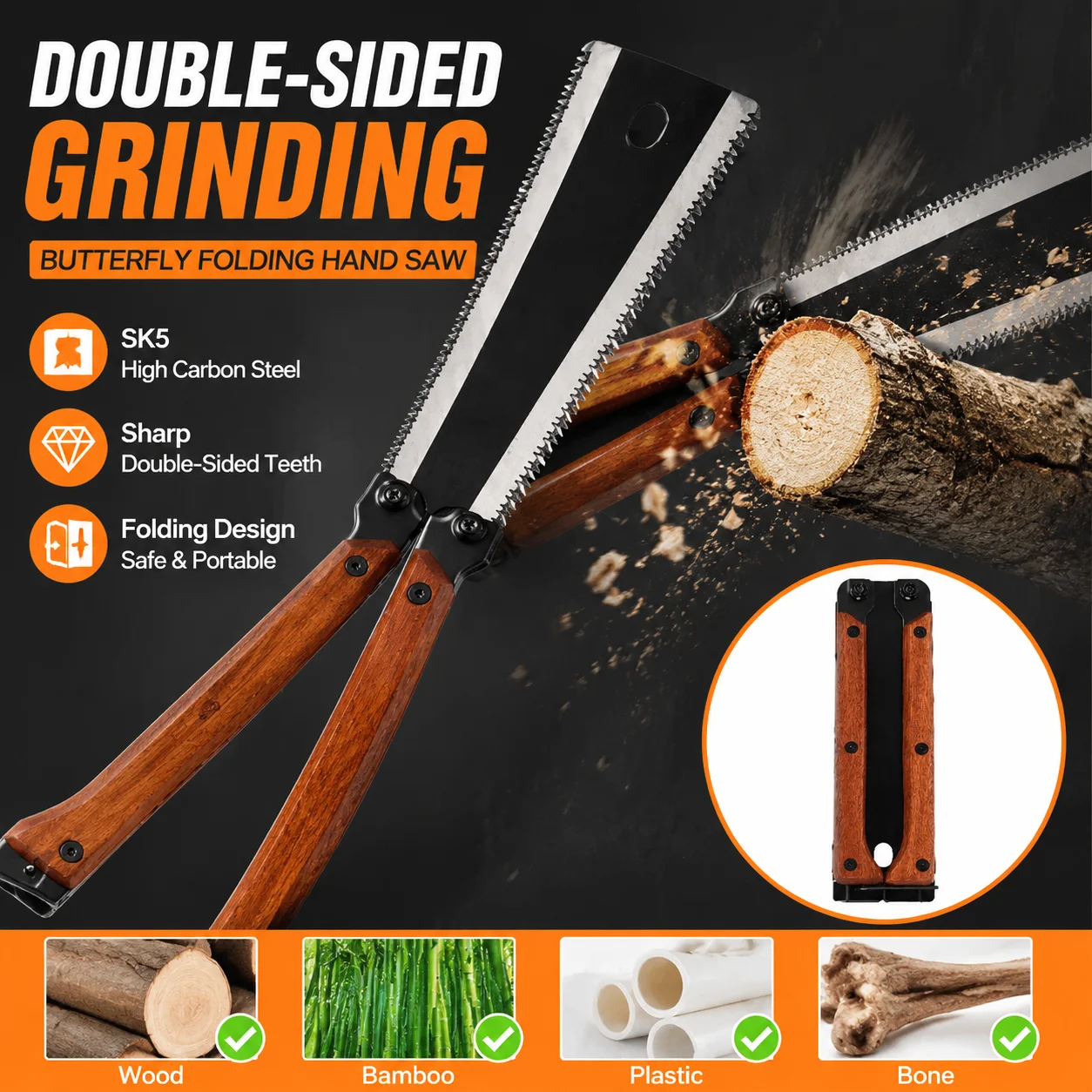 Double Sided Grinding Butterfly Folding Hand Saw, Multifunctional Small Handheld Household Logging Woodworking Tool