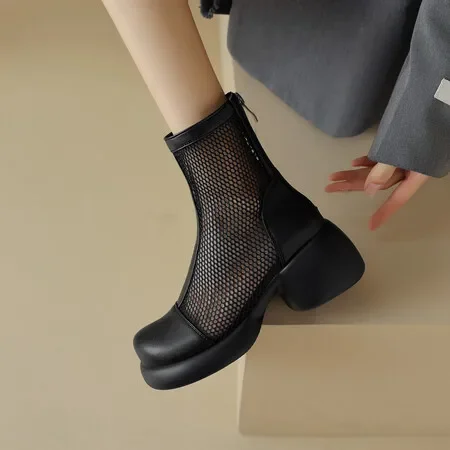 2024 New Summer Women Mesh Platform Ankle Boots 34-43 Thick Soled Chelsea Booties Breathable Hollow Shoes Woman Sandals