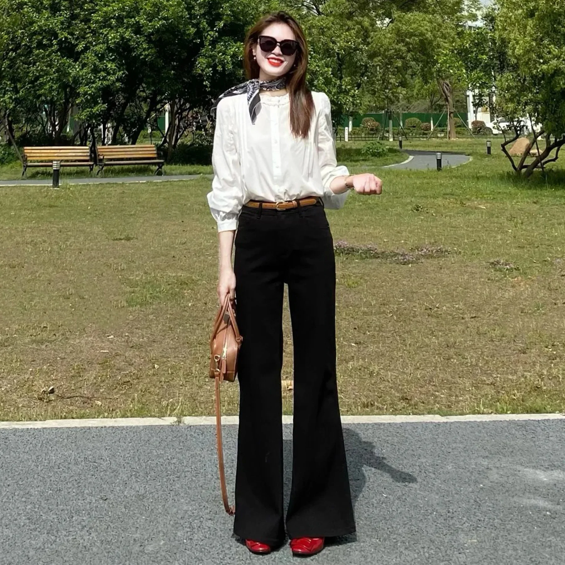 High Waist Flared Denim Jeans Women's Slimming Long Draping Elastic Floor-Length Casual Cotton Stretch Autumn Fashion