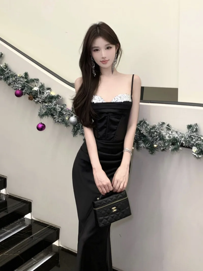 

Sexy Chic Bla-oulder Strapl Dr Women's Ele Lady Sli Slim-Fit Long Skirt High Waist Autumn Winter Faion