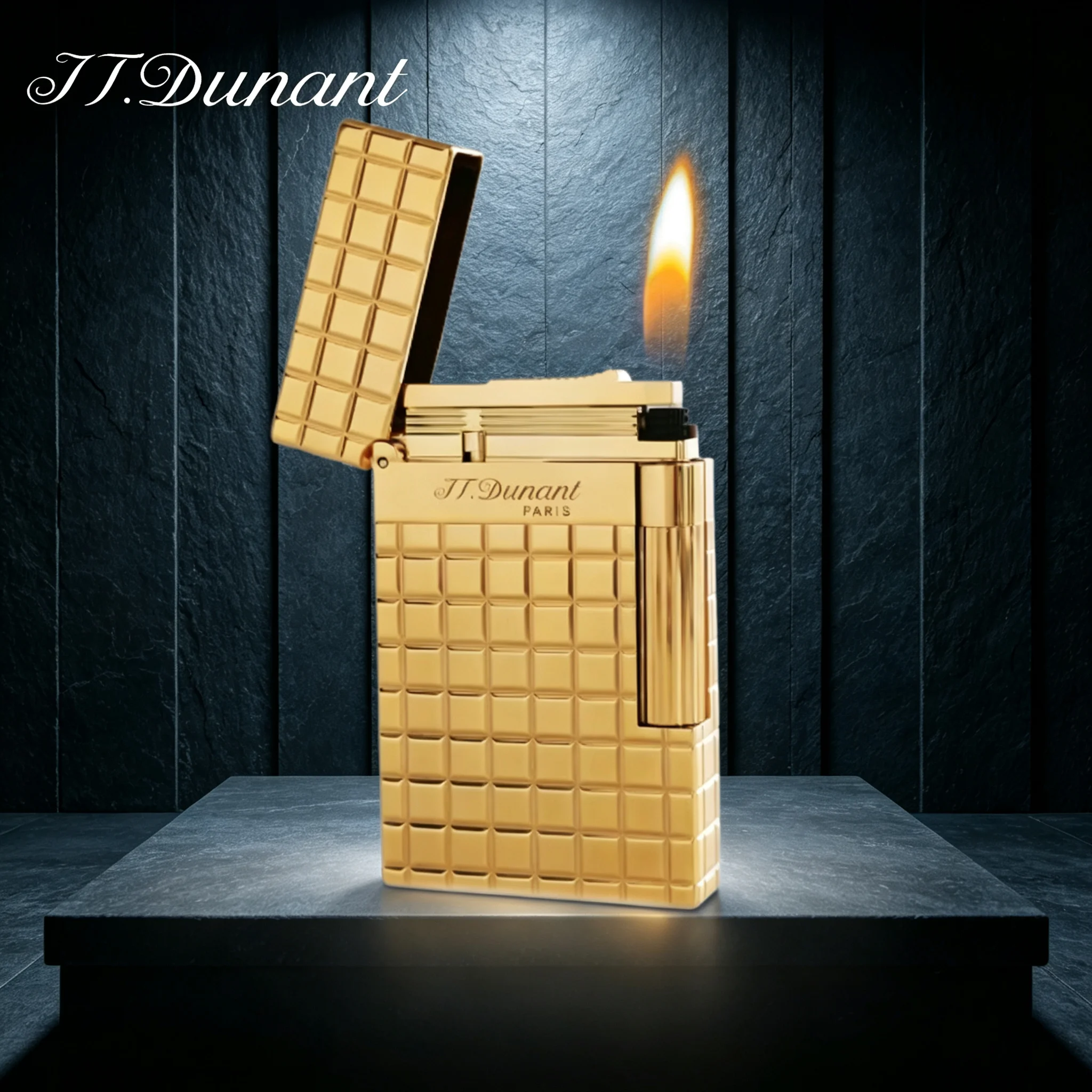 JT.Dunant Lighters Gold Plaid Side Sliding Butane Gas Refill Metal Lighter Classic Sound Smoking Gadget Luxury Cigar Gift
