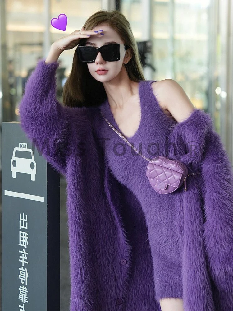 Purple Kawaii New Two Piece Set Women Korean Sweet Sexy Party Fluffy Dress Suit Female Solid Loose Coat + Casual Mini Dress 2024