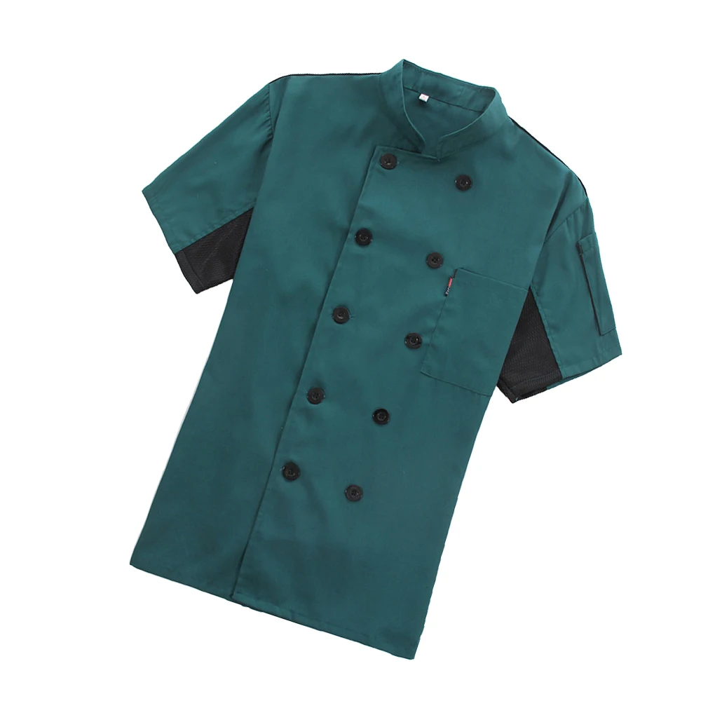 Coat Short Sleeve with Buttons Pockets Cook Jacket Uniform Costume for Restaurant Hotel Cafe Kitchen Dark Green XL
