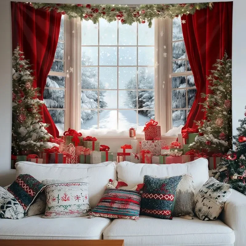 VIKAMA Christmas Window Tapestry Snowman Teddy Bear Xmas Tree Gift Curtain Wall Hanging Backdrop for Holiday Decor
