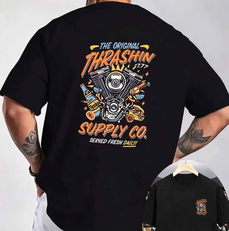 2026 new Vintage V-Twin Engine Motorcycle Graphic T Shirt Men Retro Biker Beer Food Print Short Sleeve Unisex Cotton Tee