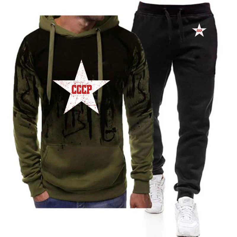 

2026 Red Star Soviet Che Guevara Revolution CCCP USSR Spring Autumn Men's New Gradient Color Hooded+Pants Two Piece Suit
