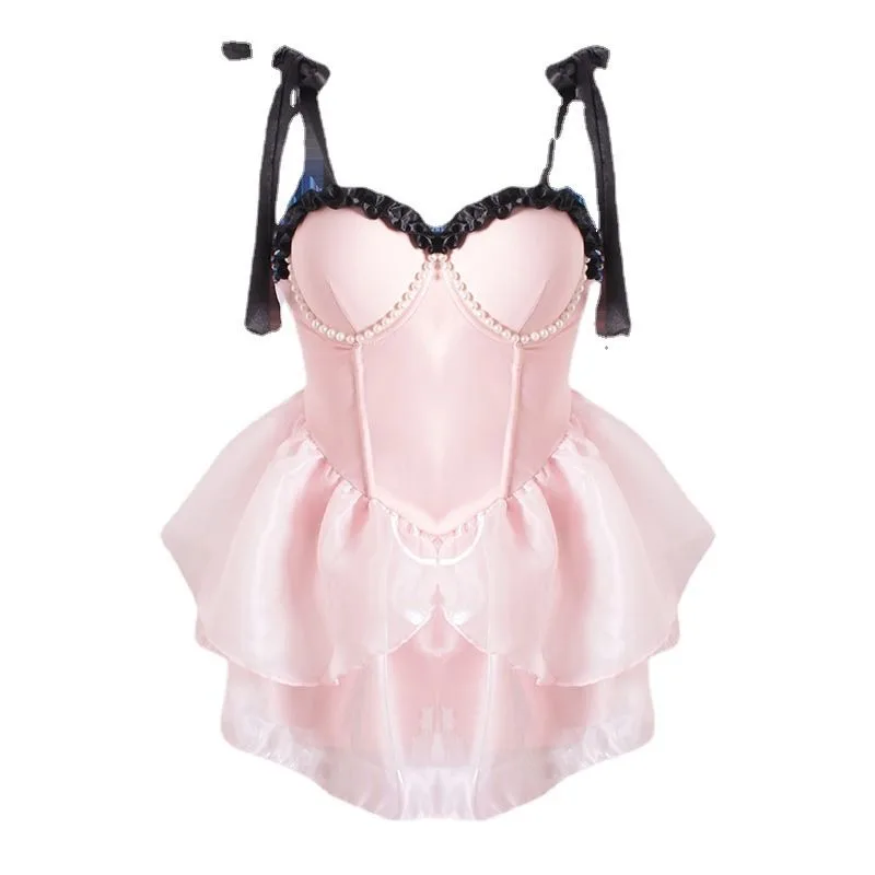 Traje de baño Vintage de una pieza para mujer, traje de baño empalmado con volantes y perlas con cordones, monos de cintura alta, ropa de playa con temperamento 2025