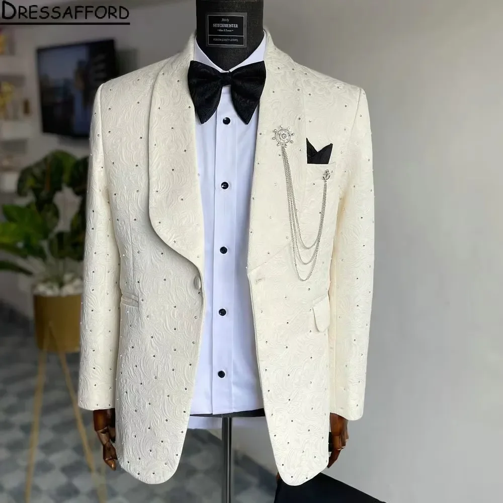 Ivory Jacquard Crystal Groom Wear Formal Men Suits 2 Piece Jacket Pants Sets Smart Casual Business Blazer