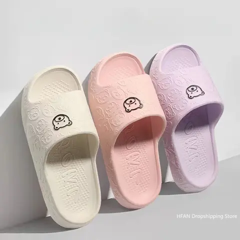 Outdoor Beach Sandals Women's Flat Slippers Solid Color Bathroom Slippers Home Use Couple Sandals Cute Bear Decoration