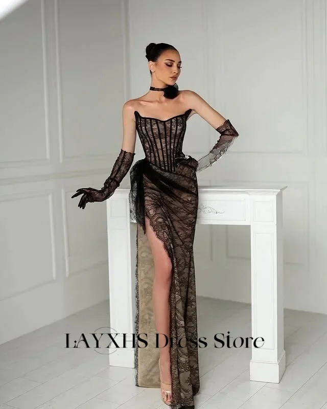 LAYXHS Sexy Sereia Vestidos de Noite Renda Preta Strapless Side Slit Plissado Mulheres Vestidos de Baile Personalizados فستانmaveraات
