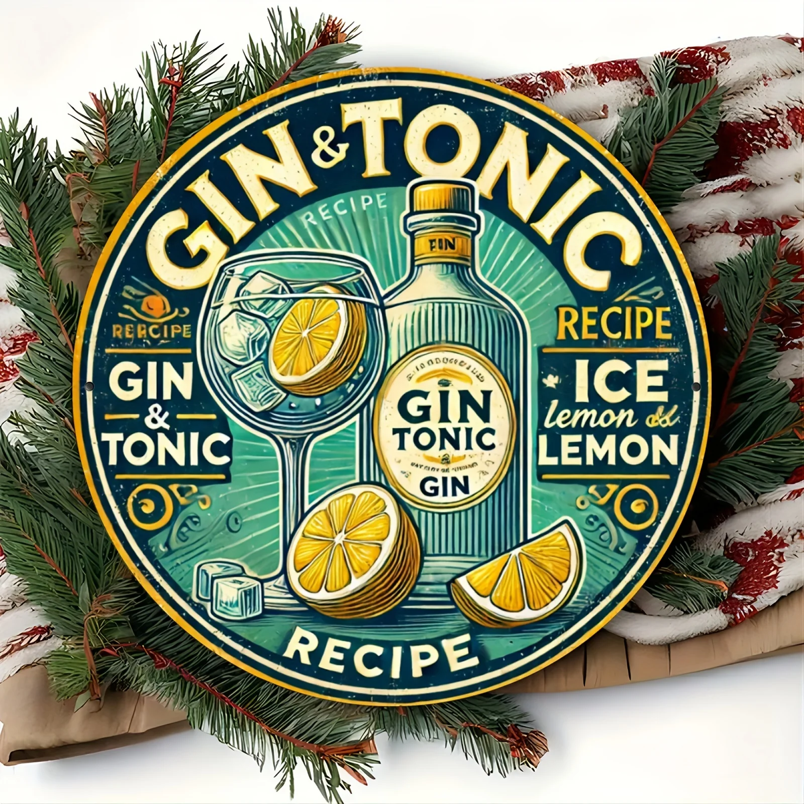 2D Flat - Vintage Gin and Tonic Recipe Metal Wall Art Round Aluminum Sign with Lemon and Ice Design, Suitable for Indoor/Outdoor Decoration, Perfect for Home, Bars, Cafes, Offices, Metal Wall Art Decoration