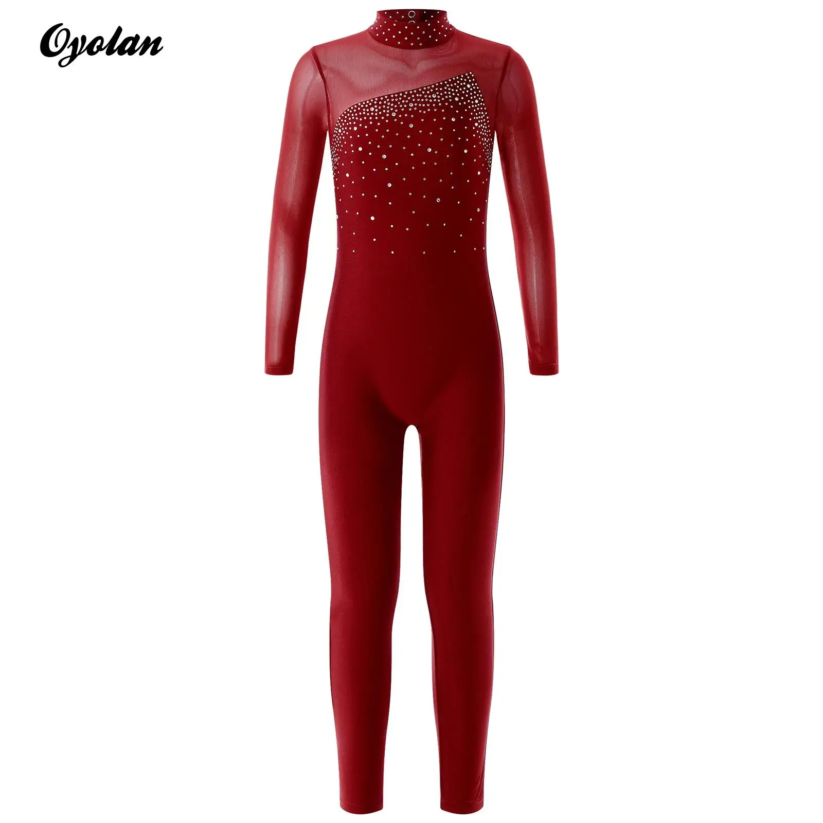 Girls Shiny Rhinestone Gymnastics Figure Skating Jumpsuit Long Sleeve Round Collar Hollow Back Ballet Dance Unitard Costume