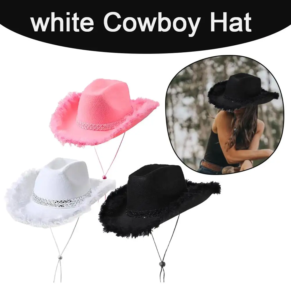 White Cowboy Hat Western Cowboy Felt Velvet Edge Decoration Hat Black Denim Cap For Costume Dress Up Cowboy Themed Party Ha Z1B4