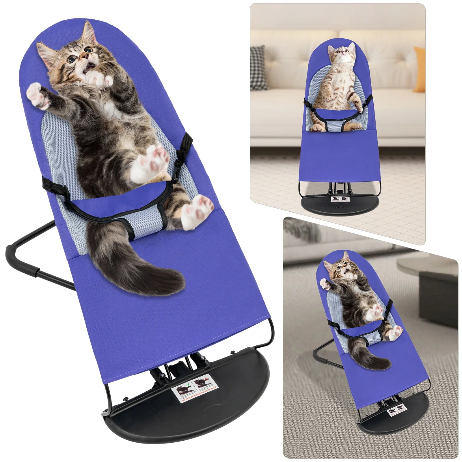 Purple Pet Rocking Chair—Stainless Steel/Polyester, 33.07lbs Load+3-Level Height, Foldable(3.97lbs), Removable Washable Cover