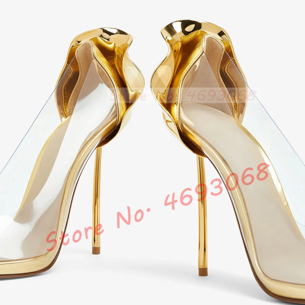 Gold Petal Heel Women Clear Pumps Summer Pointy Toe Elegant Metal High Stiletto Heels Chic Fashion Office Ladies Outfit Pumps