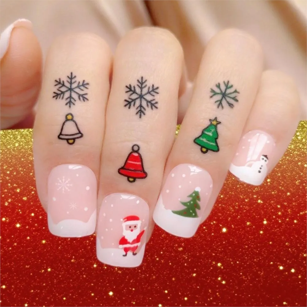 

24Pcs Christmas Press On False Nails Tips Shiny Short Square French Fake Nail With Glue Sticker DIY Woman Manicure Accessory