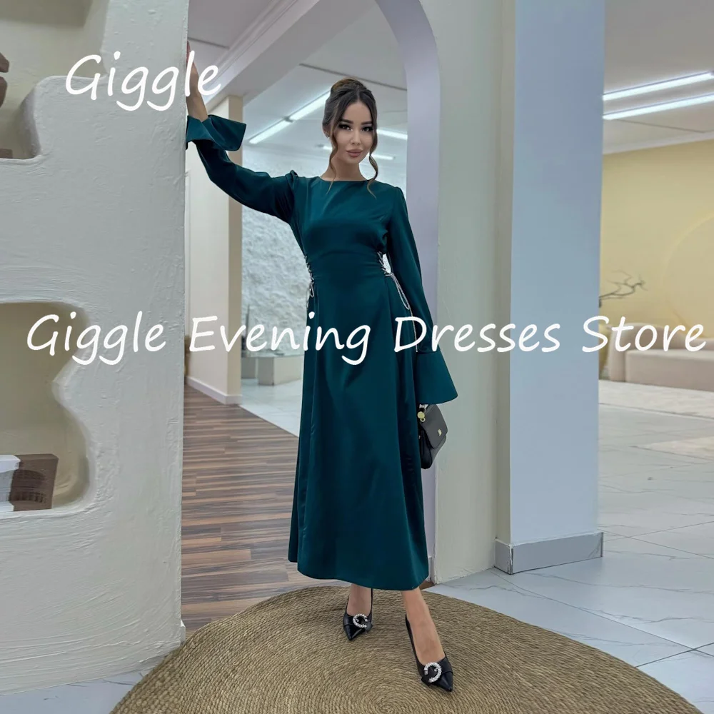 Giggle Satin A-line O-neck Long Sleeves Formal Elegant Prom Gown Ankle-length luxury Evening Party Dresses for Women 2023