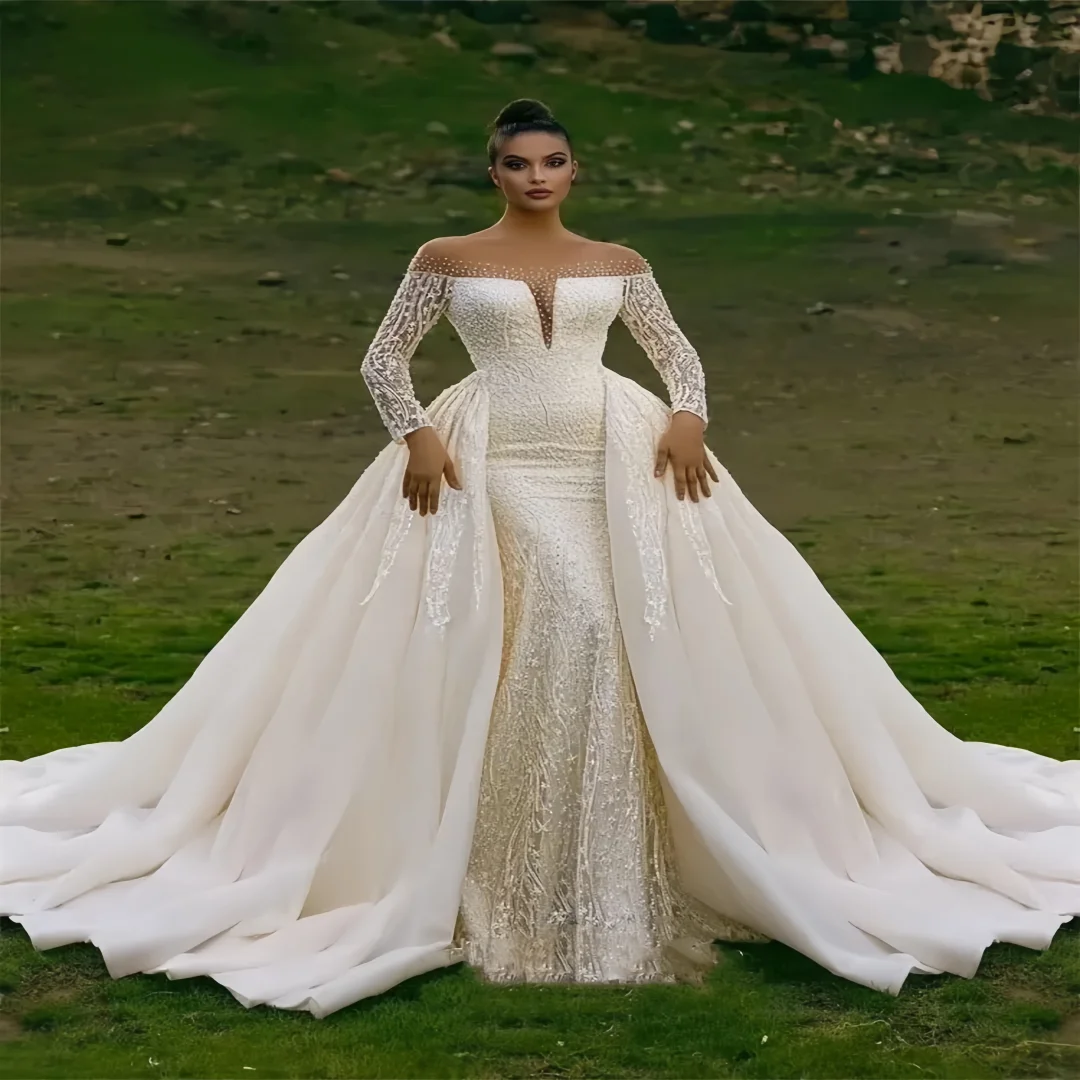 Customzied  Grace Mermaid Wedding Dress with  Detachable Train Long Off Shoulder Sleeves Lace  Luxury  Bride Dresses Vestido De