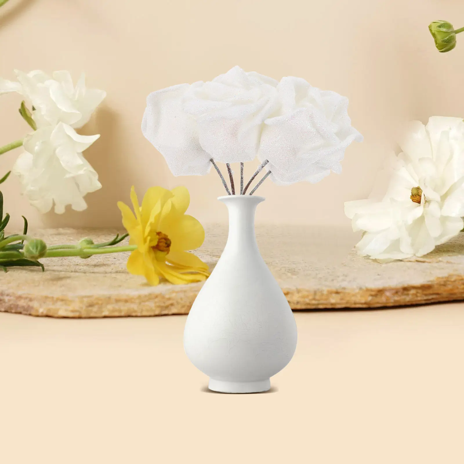 25Pcs Glitter White Artificial Roses Stems Fake Flowers for Christmas Tree Party Wreath Home Decor Table Centerpiece Craft