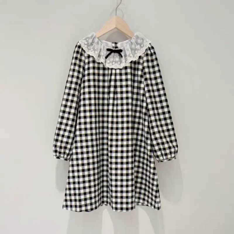 

In Stock, Children's Fashionable Girls' Lace Checkered Long Sleeved Dress