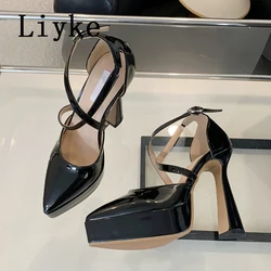 Liyke 2024 Spring Autumn Women Platform Pumps Black Pointed Toe Buckle Strap Super High Heels Pole Dance Shoes Zapatos Mujer