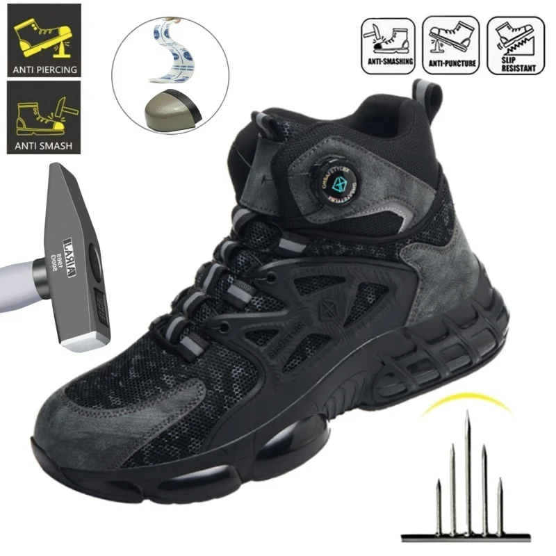 Rotating Button Men's Safety Shoes Anti Puncture Work Men's Steel Toe Black Safety Boots Indestructible Work Shoes Safety Shoes