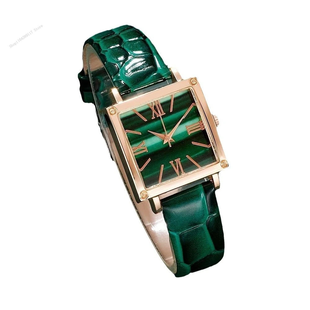 5pcs/set Women's Watch Vintage Square Pointer Quartz Watch Analog Green Wrist Watch & Rhinestone Jewelry Set, Gift for Mom Her