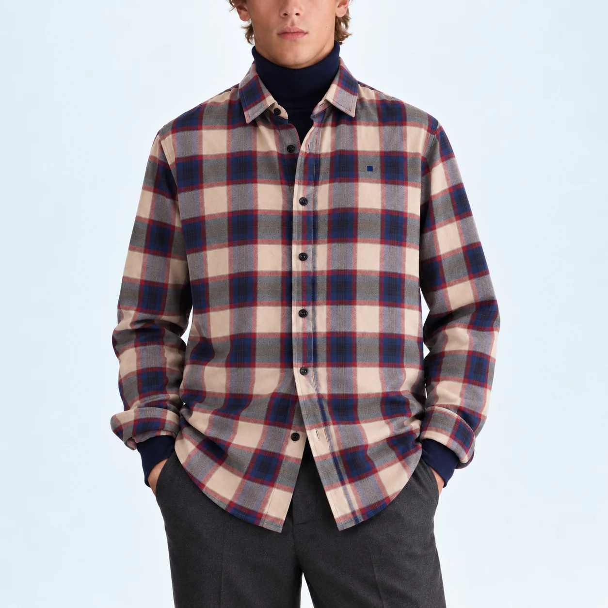 PG Men Checkered Shirt Long Sleeve Button Closure Point Collar Relaxed Fit Plaid Pattern Casual Basic Shirt