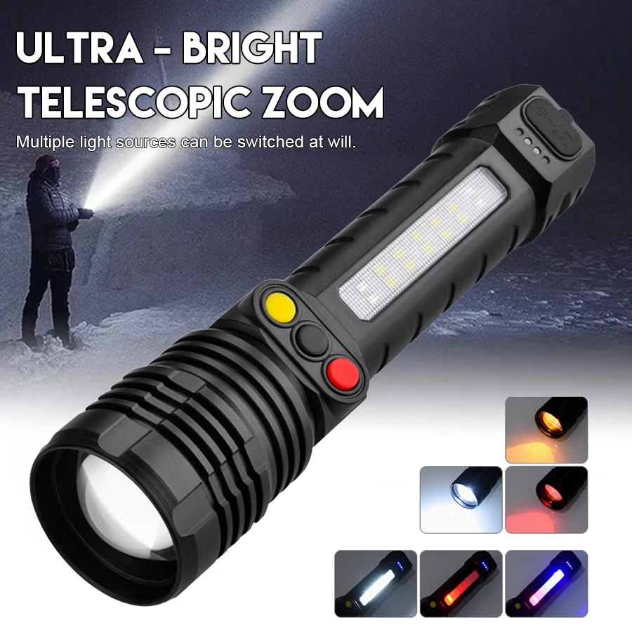 C2 Multifunctional Rechargeable Zoom Flashlight Camping Hunting Torch High Power Flashlight White/Red Orange Light 3 Colors