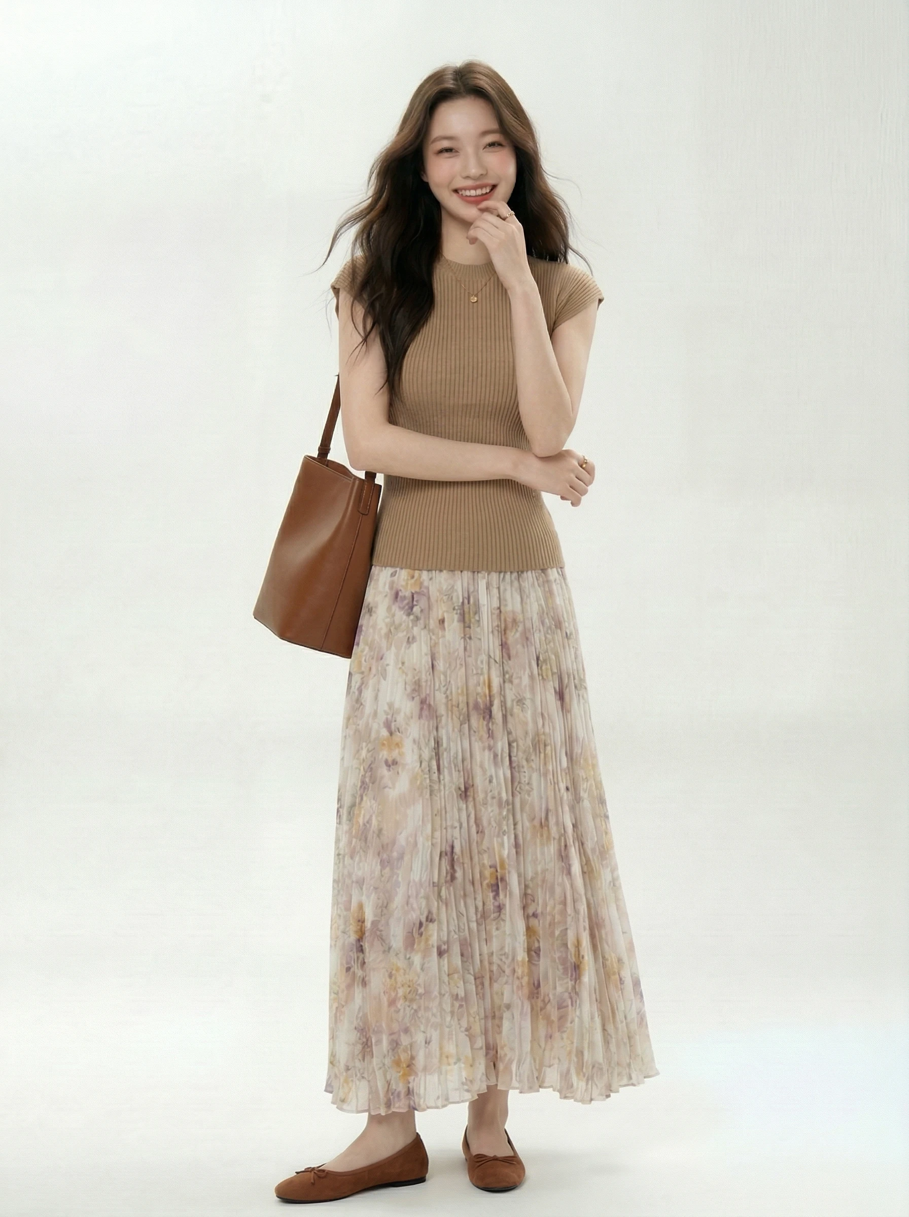 

Summer Fashion Knitted Short Sleeve round Neck Floral Half Skirt Two Piece Set Women's Clothing High Waist A-Line Skirt