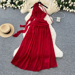 Elegant Sleeveless Vintage Diagonal Collar Sexy Off Shoulder Chic Three-dimensional Floral Slim Evening High Street Long Dresses
