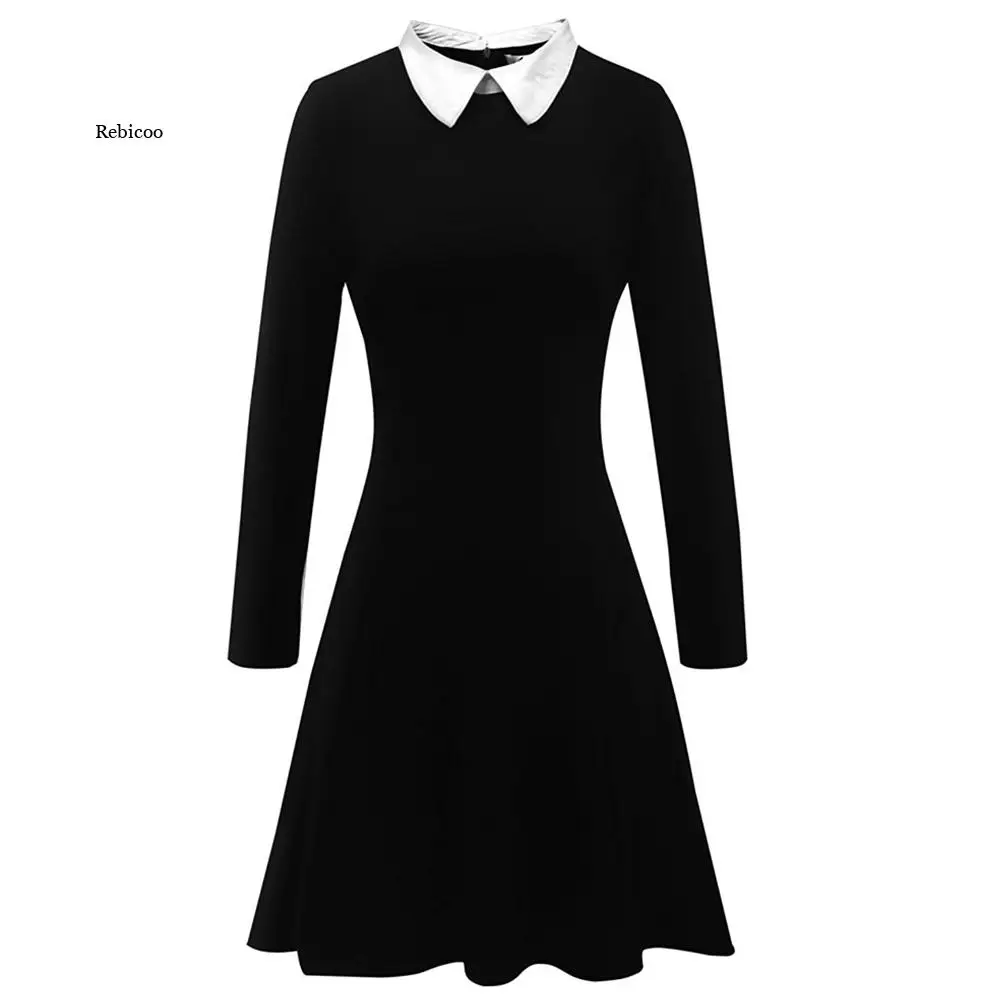 

Autumn Black Dress Casual Cute School Preppy Style Dresses Elegant Long Sleeve Peter Pan Collar Ladies Office Work Dress Vestido