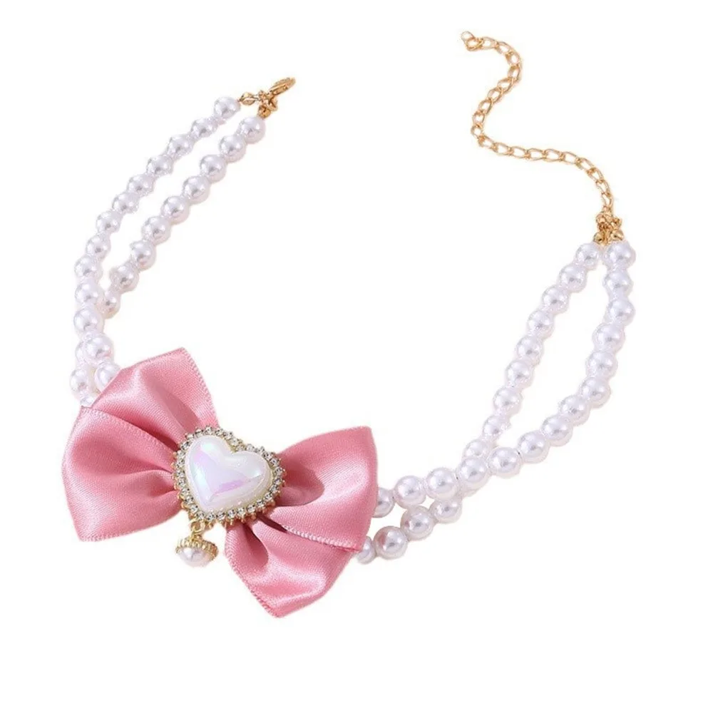 

Shiny Double Layer Pet Collar Lightweight Easy-wearing Pet Pearl Necklace with Heart Pendant Adjustable Pet Necklace Collar