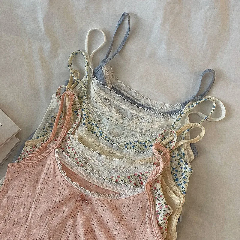 Vintage Sexy Lace Floral Print Camisole Women Vest 2022 Summer New Casual Elegant Bow Short Slim Cute Bottoming  Women Camis