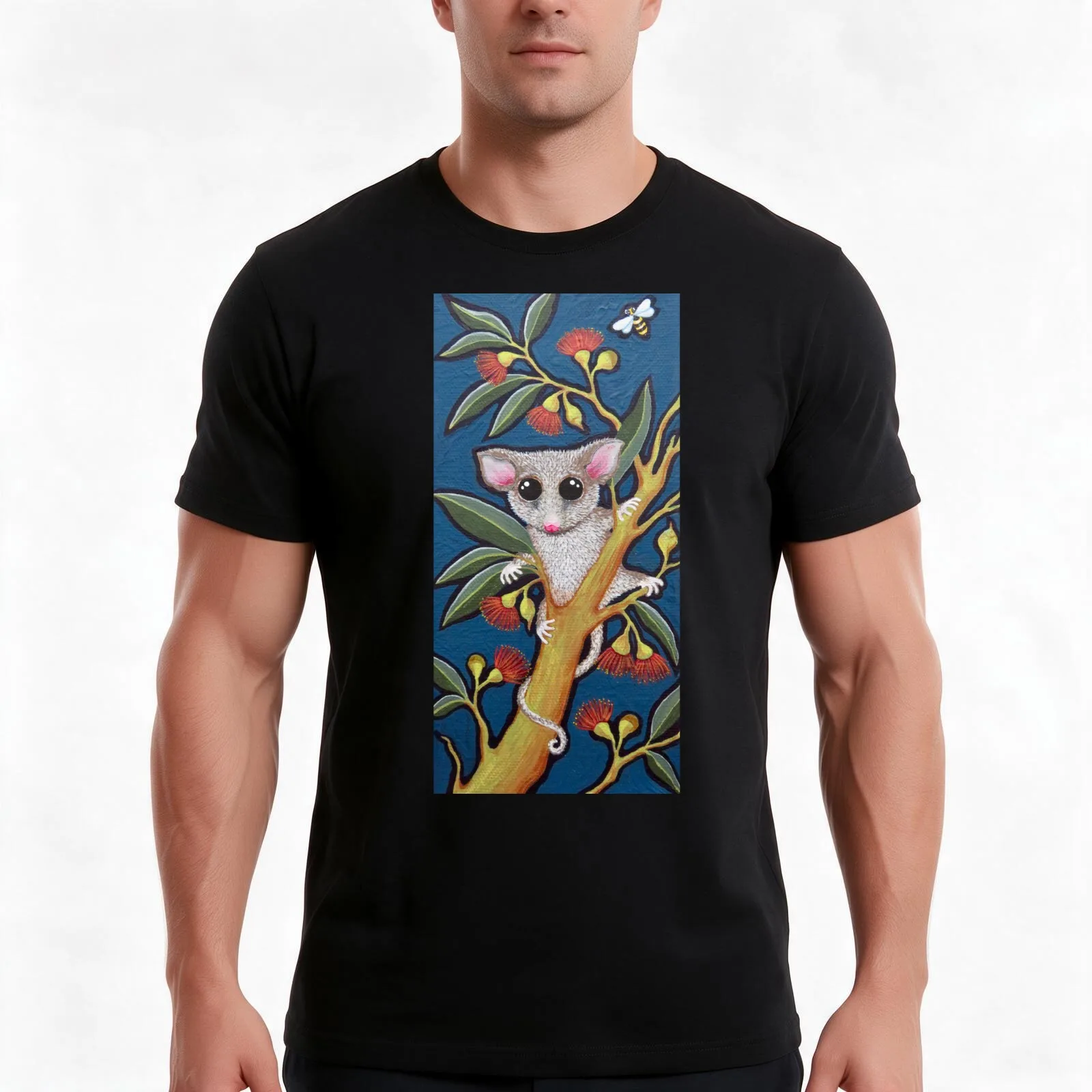 Pygmy Possum and Red Gum Blossoms T-Shirt, Summer Casual Cotton Tee, Oversized Streetwear Tops, Vintage Graphic Print