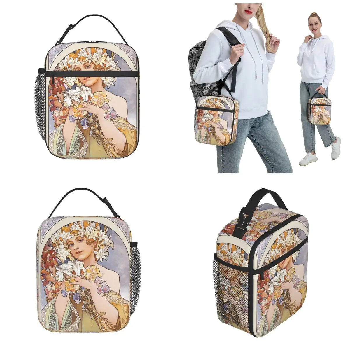 Bunga (1897) oleh Alphonse Mucha Merch tas makan siang terisolasi untuk kantor sekolah tas penyimpanan makanan dapat digunakan kembali pendingin kotak makan siang termal